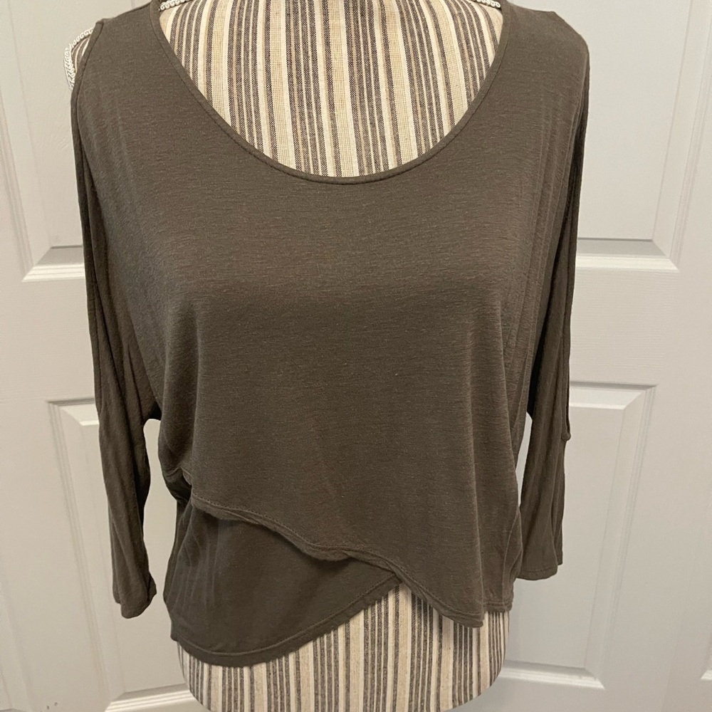 Super cute olive green, cold shoulder top
